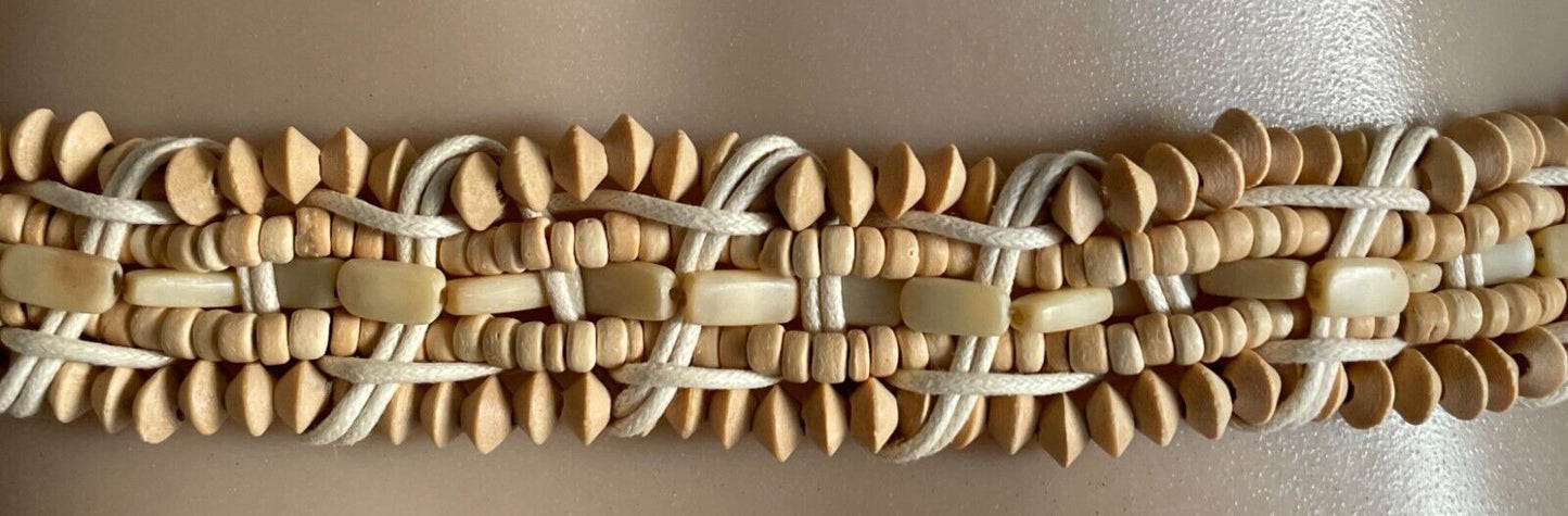BOHO Woven Belt Off White Cord & Wood Bead Fit Ladies Size 8 14 PlaIted Braided