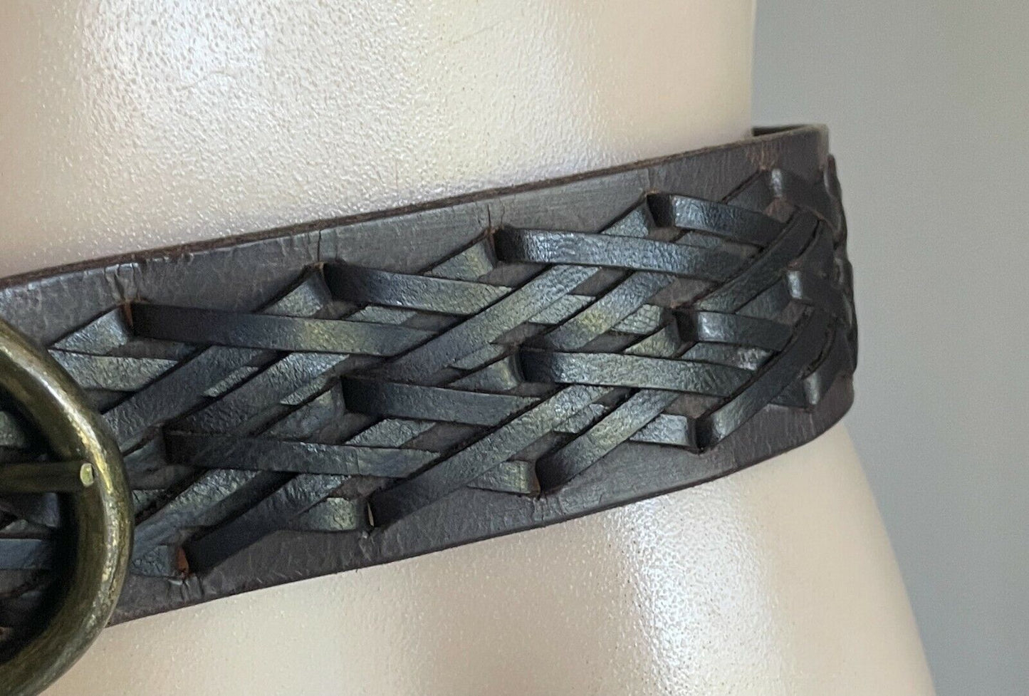 LEATHER Belt 4.8cm Brown w Woven Trim Fashion Ladies Size 10 - 14