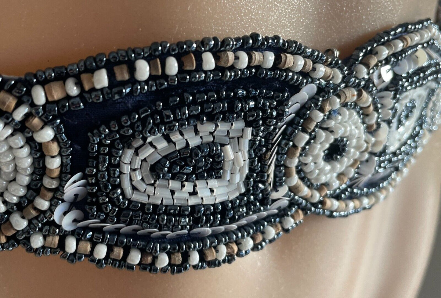 Ladies Beaded & Sequins Belt Fabric Blue White Beige Embellished Tie Sash