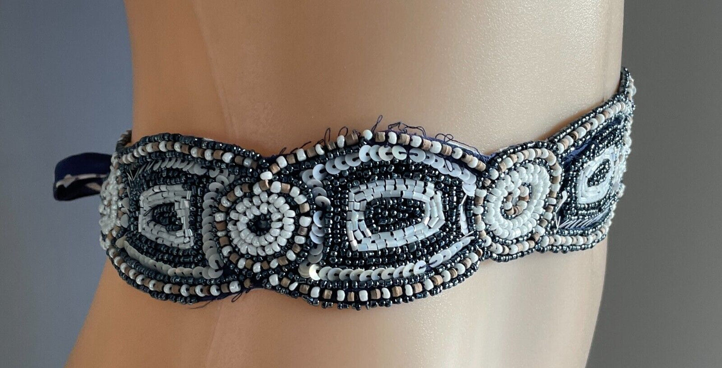 Ladies Beaded & Sequins Belt Fabric Blue White Beige Embellished Tie Sash