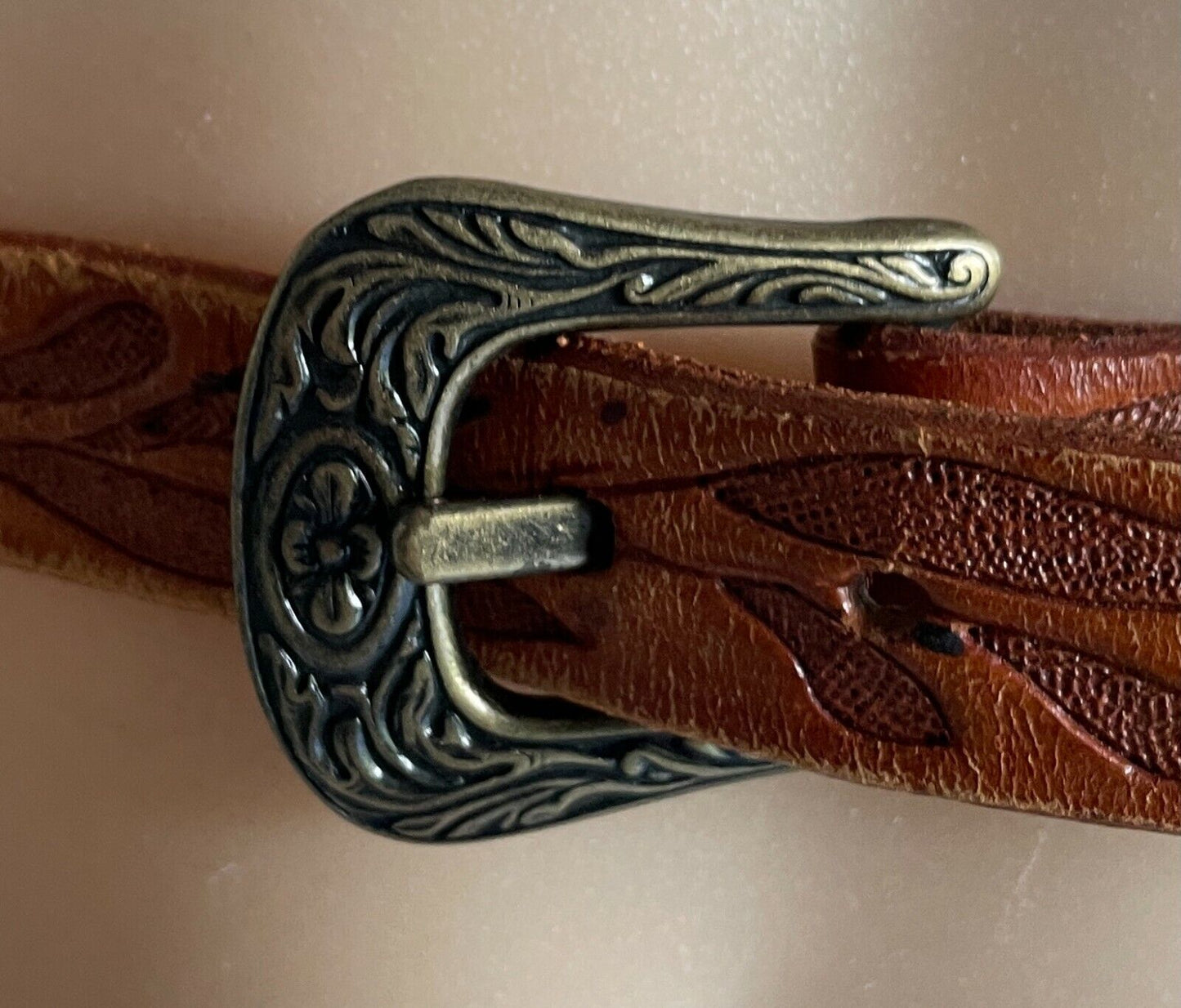 Ladies LEATHER Belt 2cm Tan Handtooled Etched Floral Pattern Sz 12 16