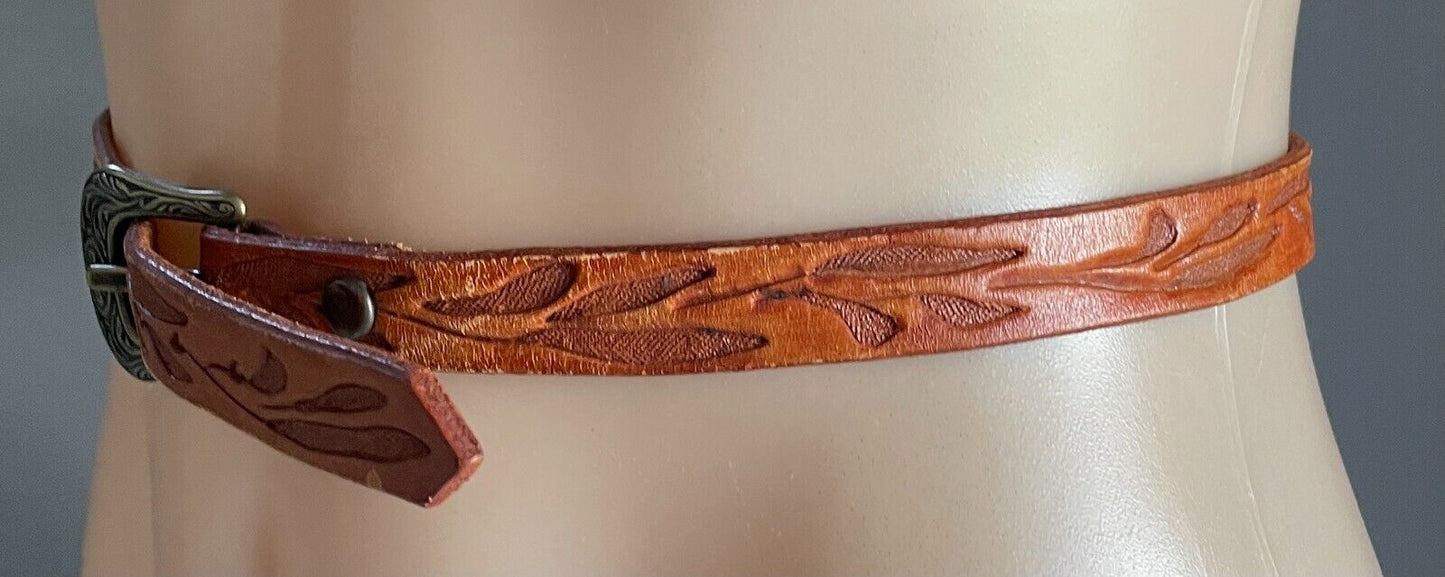 Ladies LEATHER Belt 2cm Tan Handtooled Etched Floral Pattern Sz 12 16