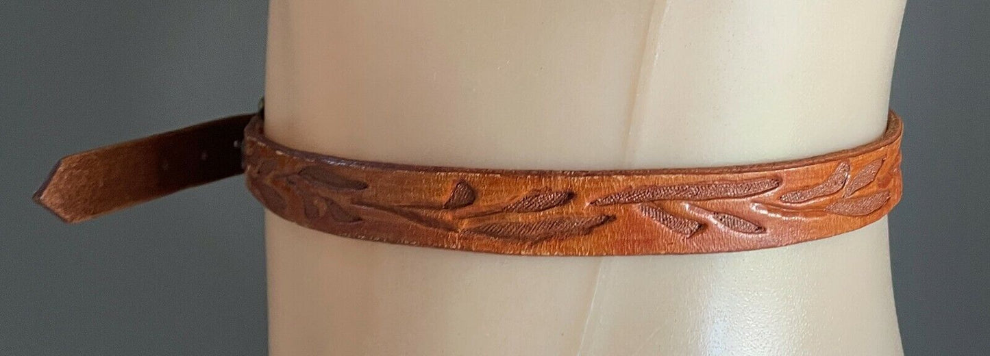 Ladies LEATHER Belt 2cm Tan Handtooled Etched Floral Pattern Sz 12 16