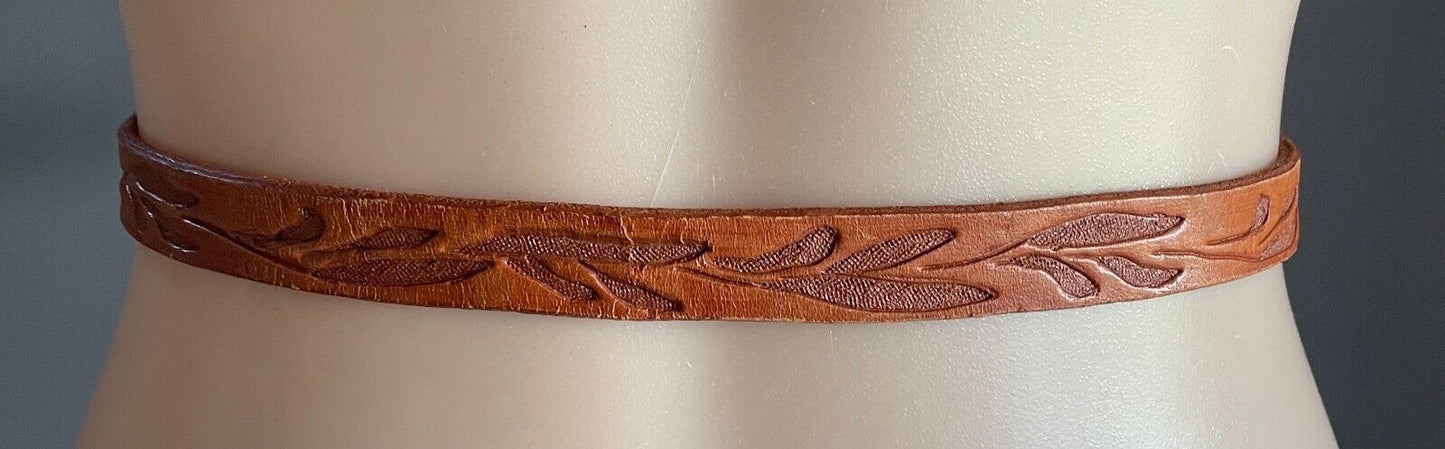 Ladies LEATHER Belt 2cm Tan Handtooled Etched Floral Pattern Sz 12 16