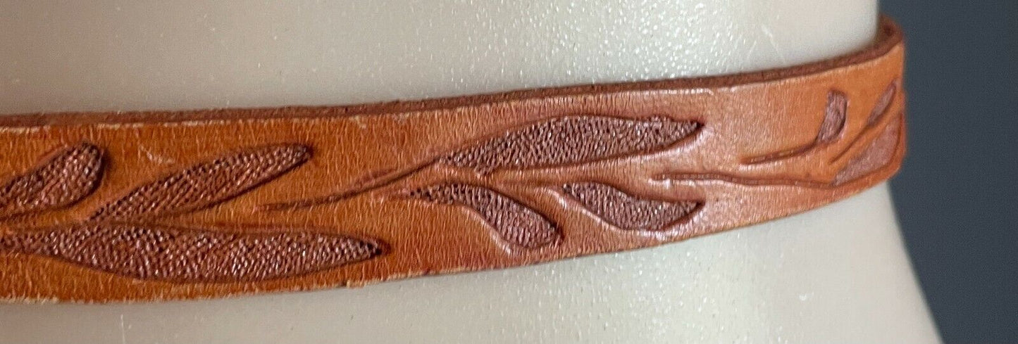 Ladies LEATHER Belt 2cm Tan Handtooled Etched Floral Pattern Sz 12 16