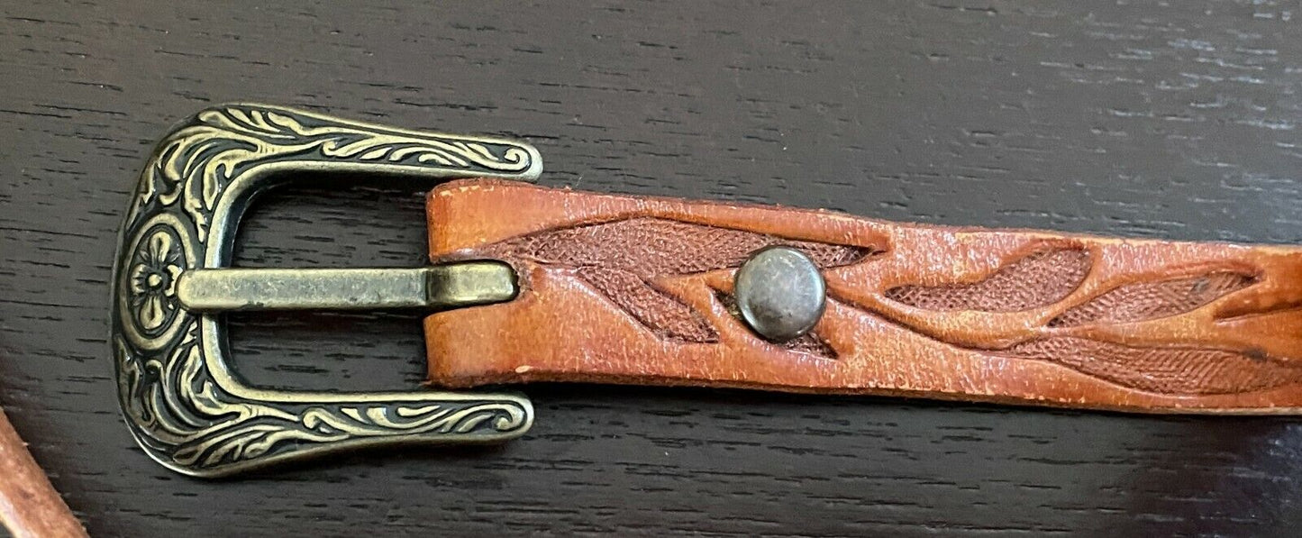 Ladies LEATHER Belt 2cm Tan Handtooled Etched Floral Pattern Sz 12 16