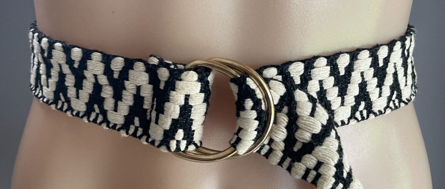 Ladies Belt KOOKAI Black & Off White Cotton Zig Zag Print D-Ring 100.5cm Long 10