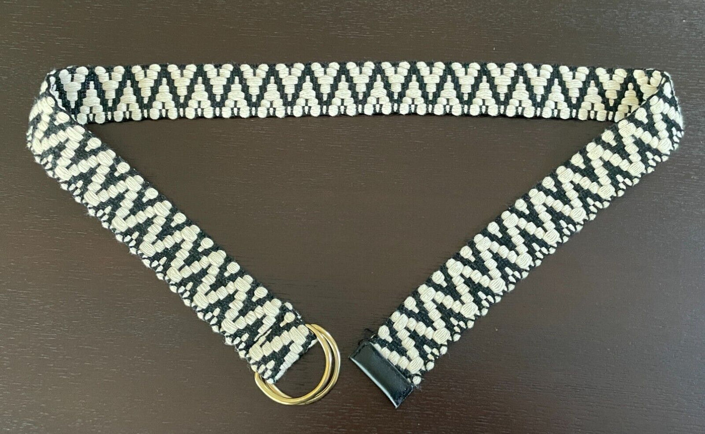 Ladies Belt KOOKAI Black & Off White Cotton Zig Zag Print D-Ring 100.5cm Long 10