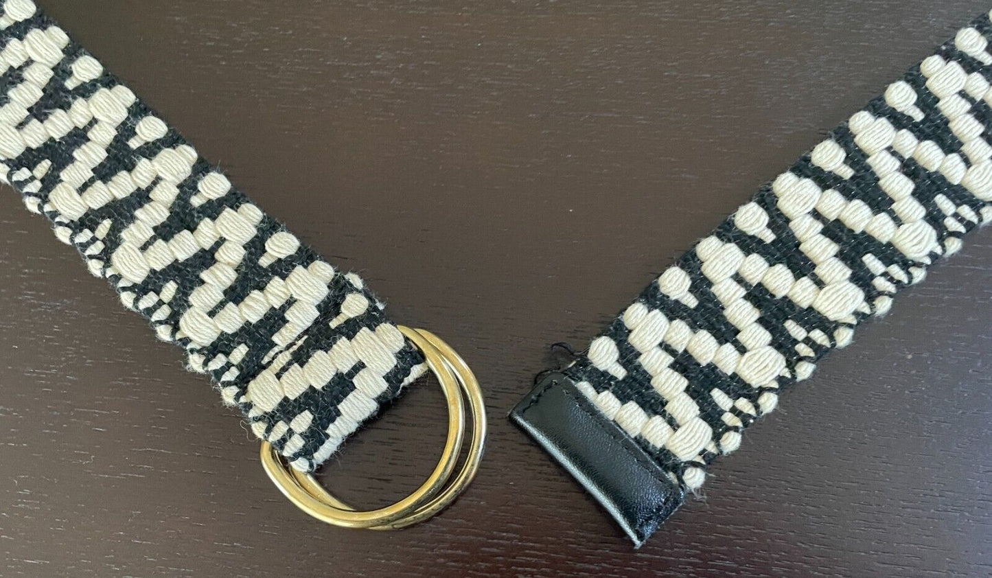 Ladies Belt KOOKAI Black & Off White Cotton Zig Zag Print D-Ring 100.5cm Long 10