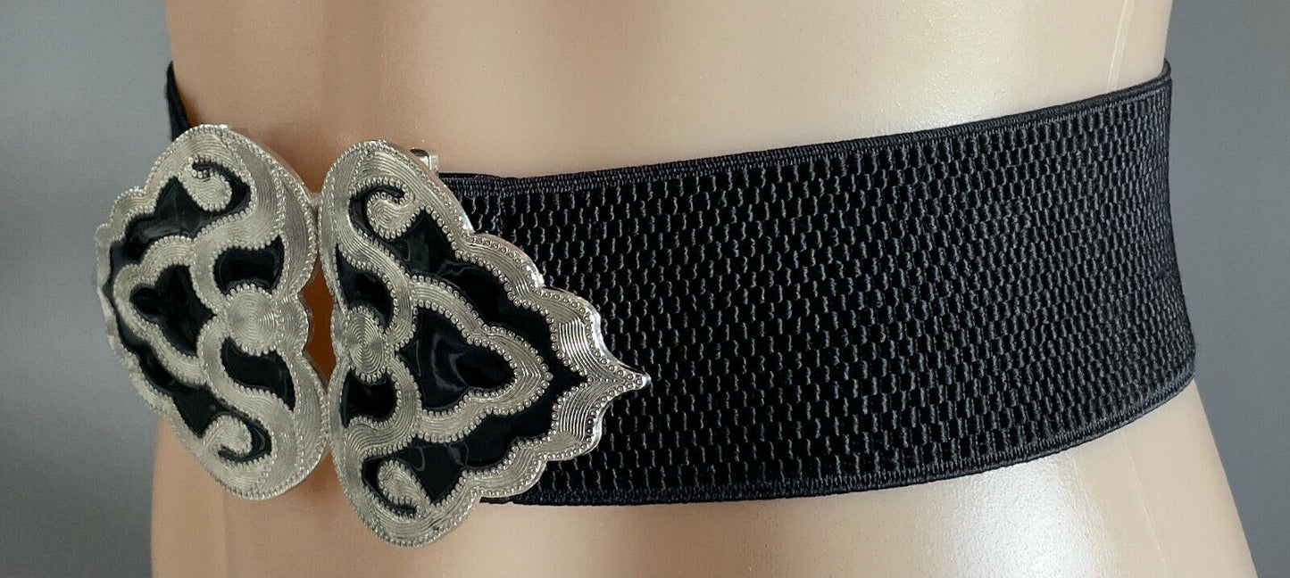 Ladies Belt Elastic Wide Black Silver Black Enamel Decorative Waist Sz 12 14