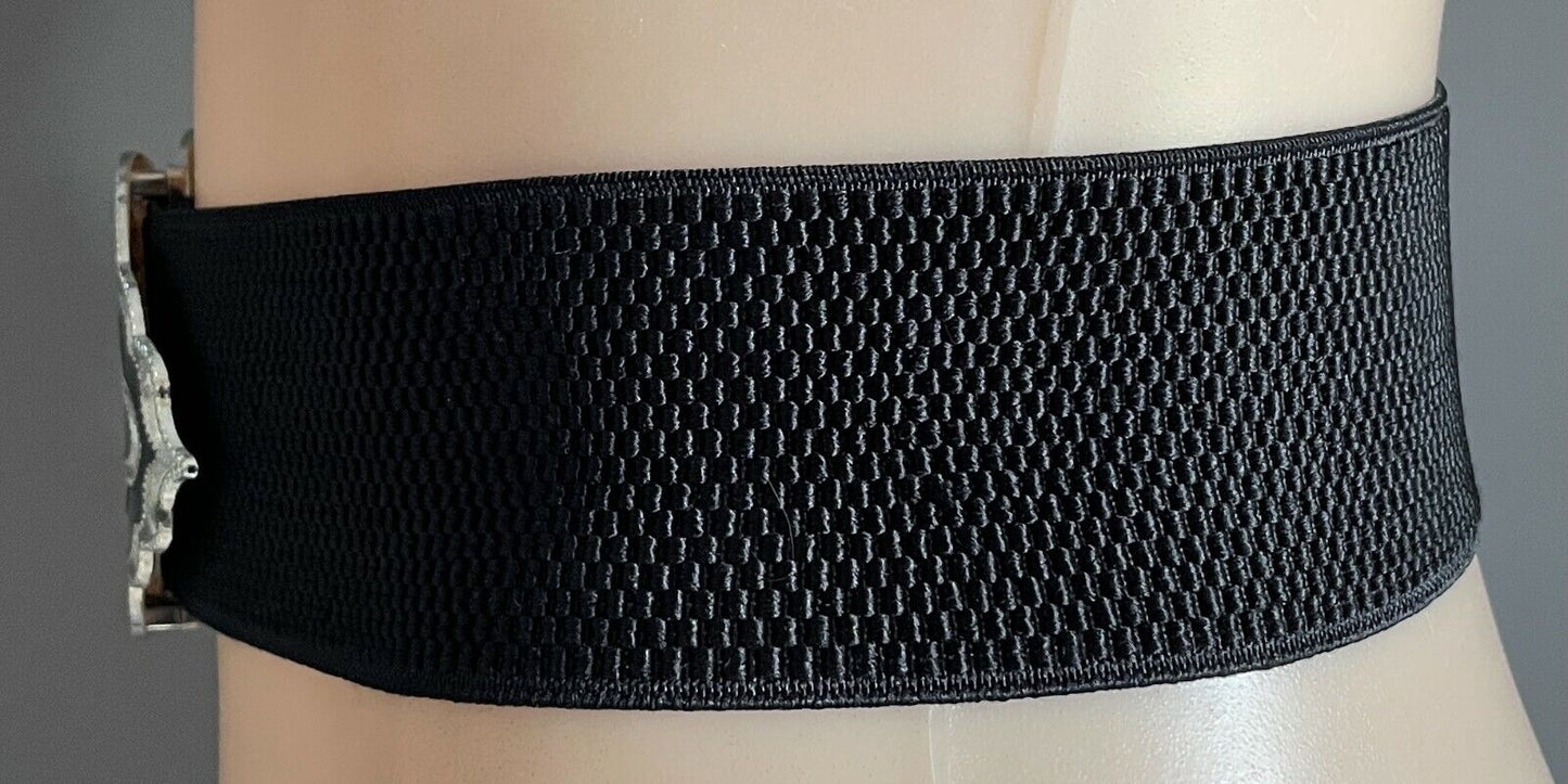 Ladies Belt Elastic Wide Black Silver Black Enamel Decorative Waist Sz 12 14