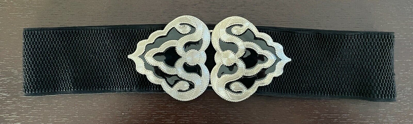 Ladies Belt Elastic Wide Black Silver Black Enamel Decorative Waist Sz 12 14