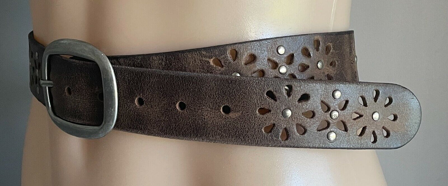 LEATHER Belt LOOP 4cm Tan Floral Hole Punch & Silver Stud Belt Ladies Sz M 10 12