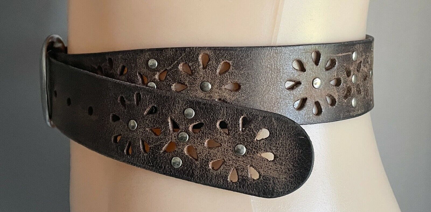 LEATHER Belt LOOP 4cm Tan Floral Hole Punch & Silver Stud Belt Ladies Sz M 10 12
