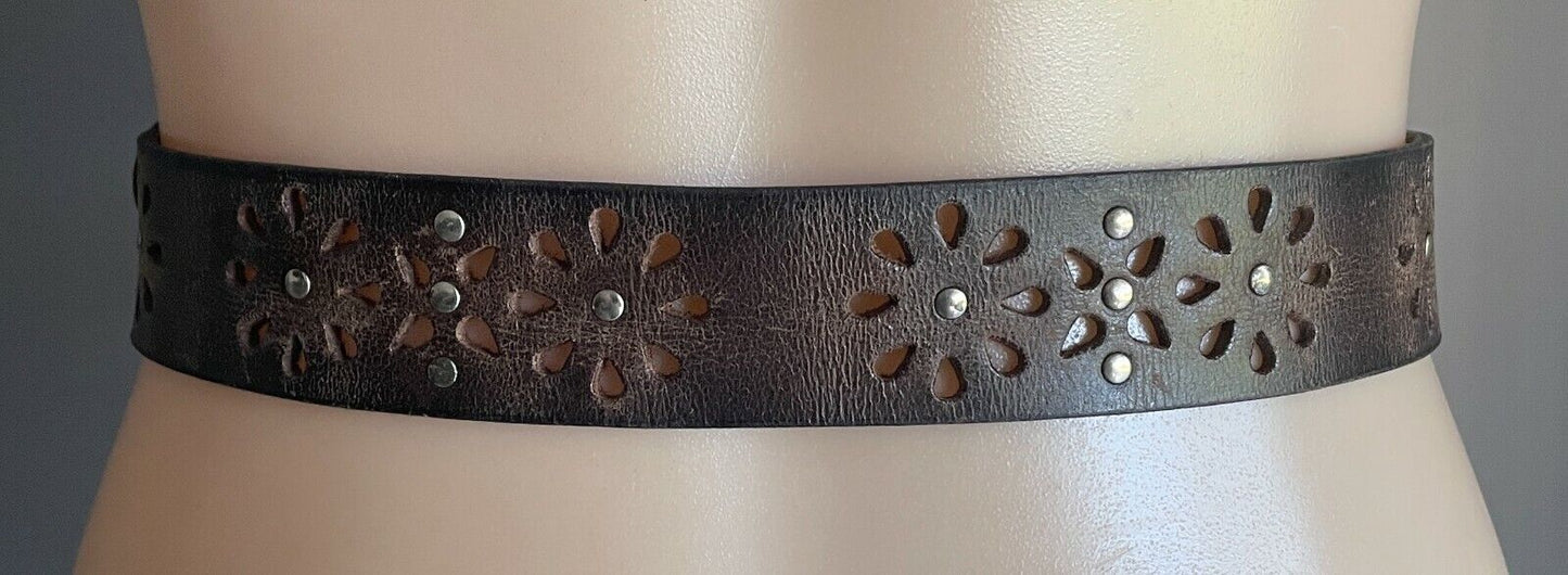 LEATHER Belt LOOP 4cm Tan Floral Hole Punch & Silver Stud Belt Ladies Sz M 10 12