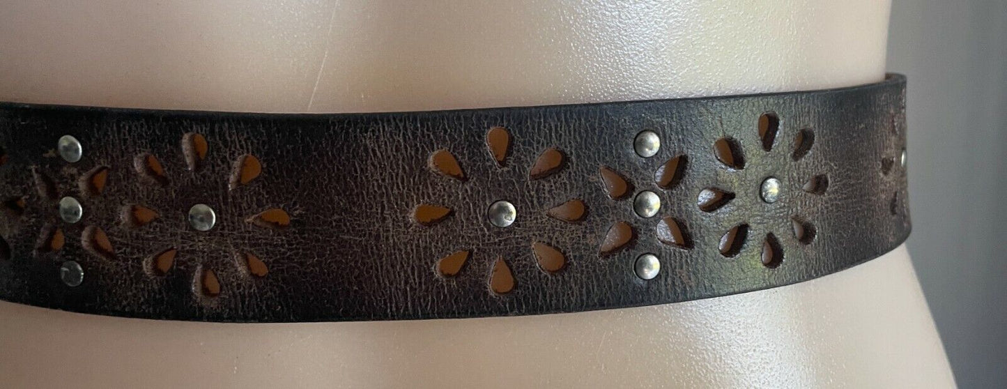 LEATHER Belt LOOP 4cm Tan Floral Hole Punch & Silver Stud Belt Ladies Sz M 10 12