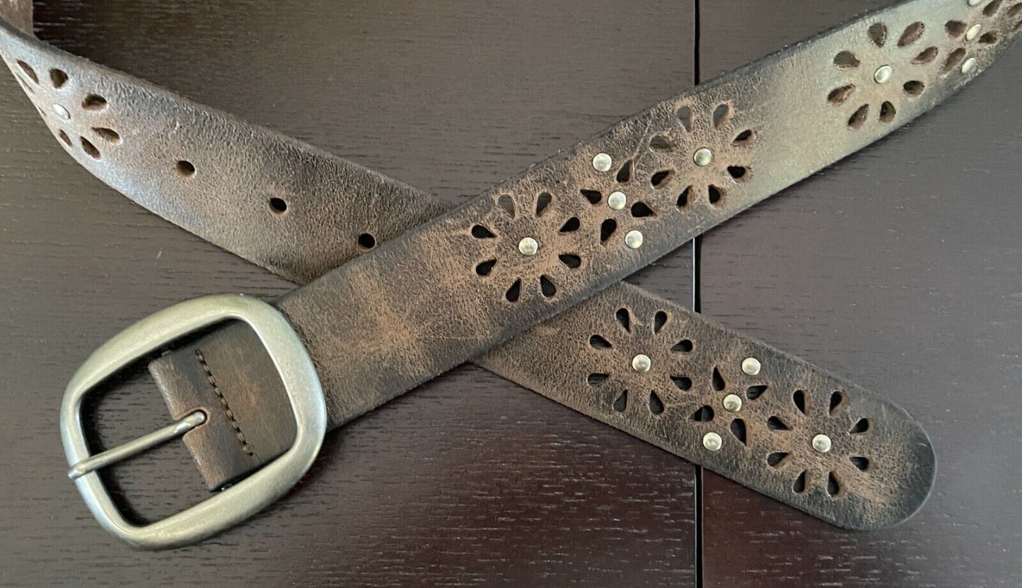 LEATHER Belt LOOP 4cm Tan Floral Hole Punch & Silver Stud Belt Ladies Sz M 10 12