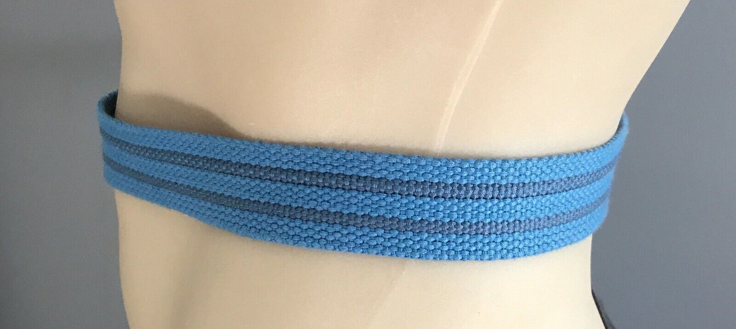 Mens CANVAS Belt Blue & Grey Stripe w Tan Pleather Trim Each End Size 44