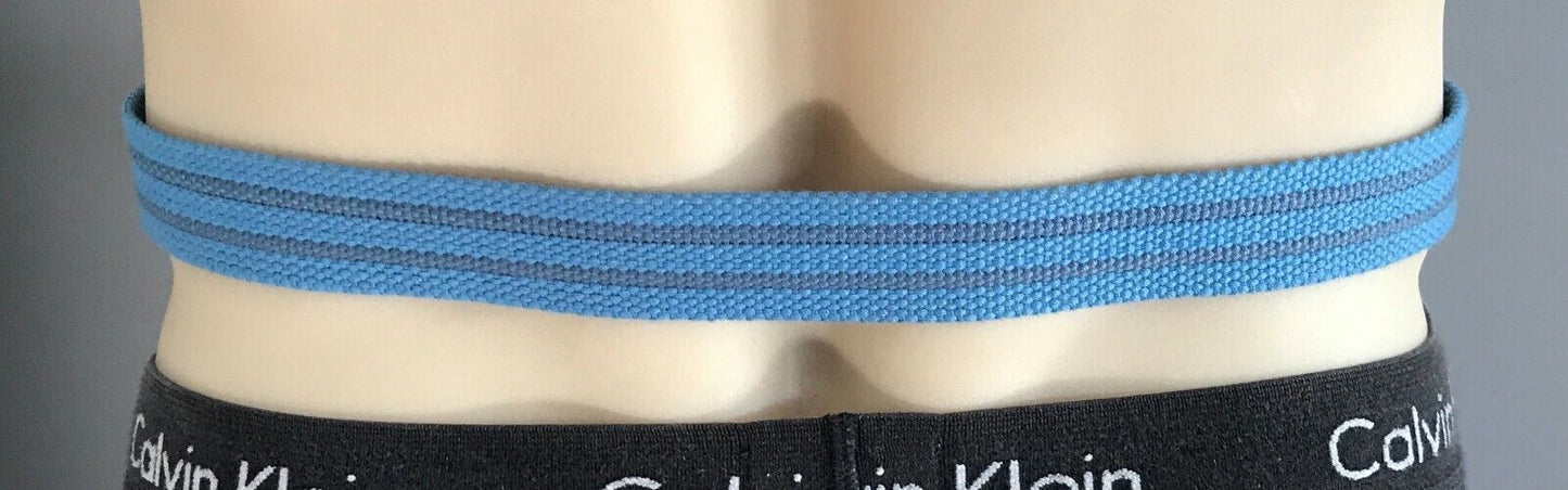 Mens CANVAS Belt Blue & Grey Stripe w Tan Pleather Trim Each End Size 44