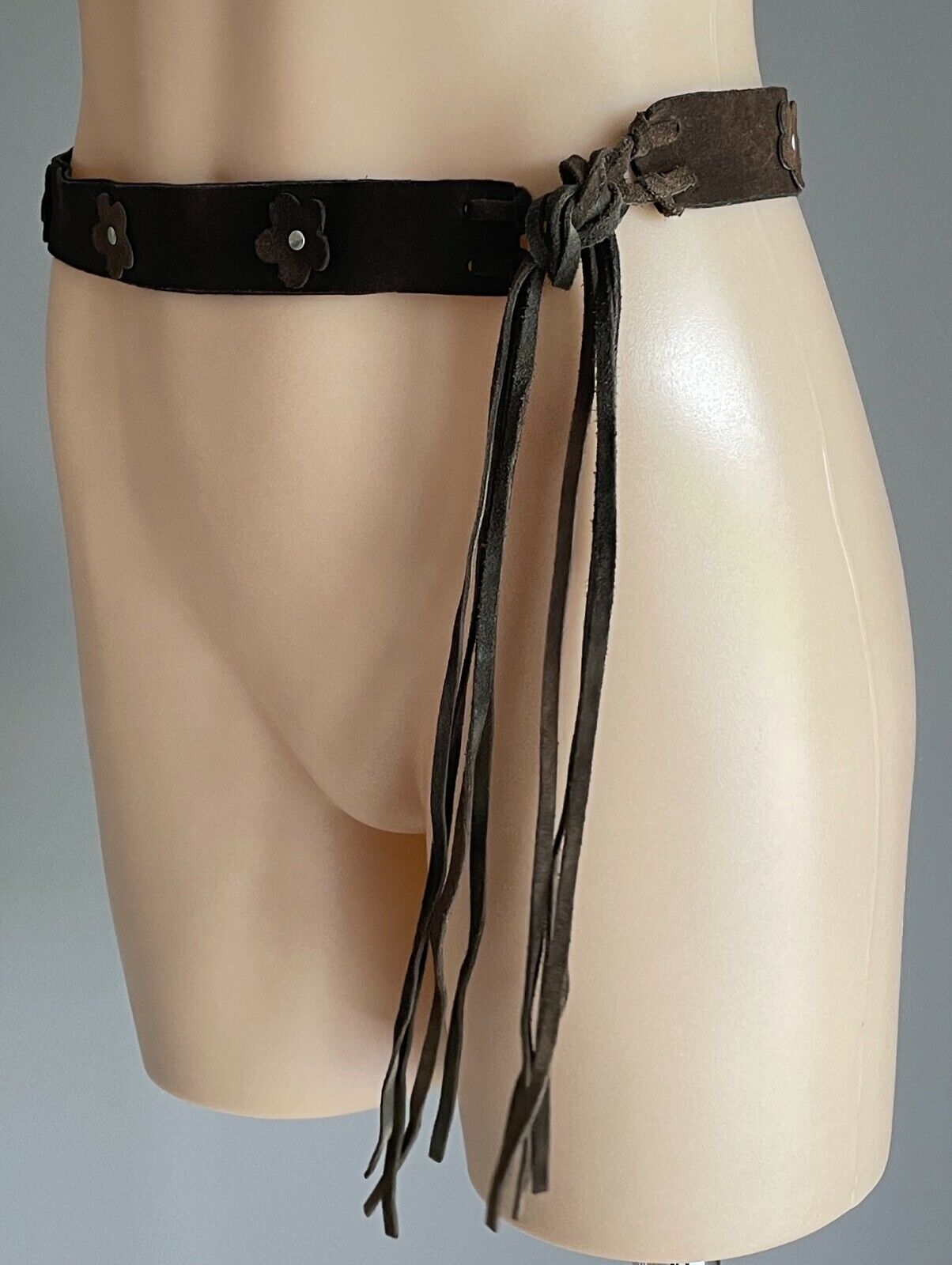Ladies LEATHER Belt SUEDE Brown PVC Back Floral Motif Knot Tie Sz M 10 12 Retro