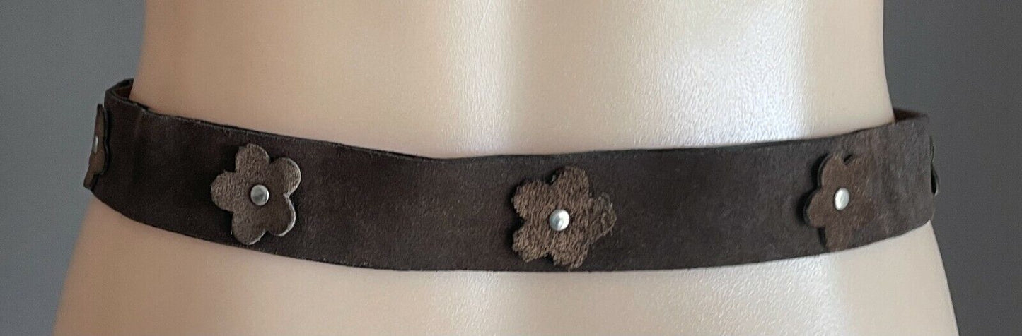 Ladies LEATHER Belt SUEDE Brown PVC Back Floral Motif Knot Tie Sz M 10 12 Retro
