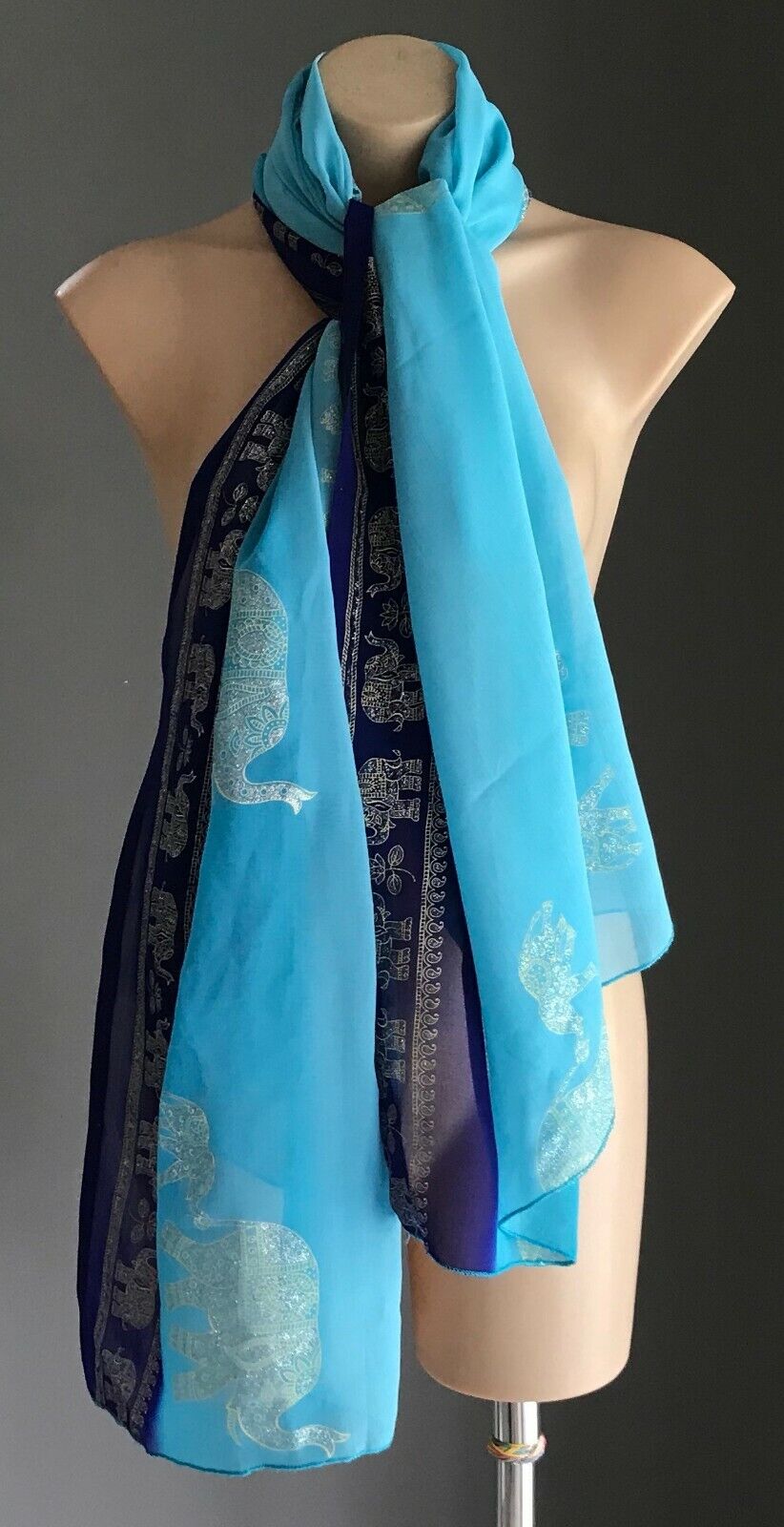 SARONG Elephant Print Blue Purple Edge Semi Sheer Rectangle Scarf Size 8 12 New