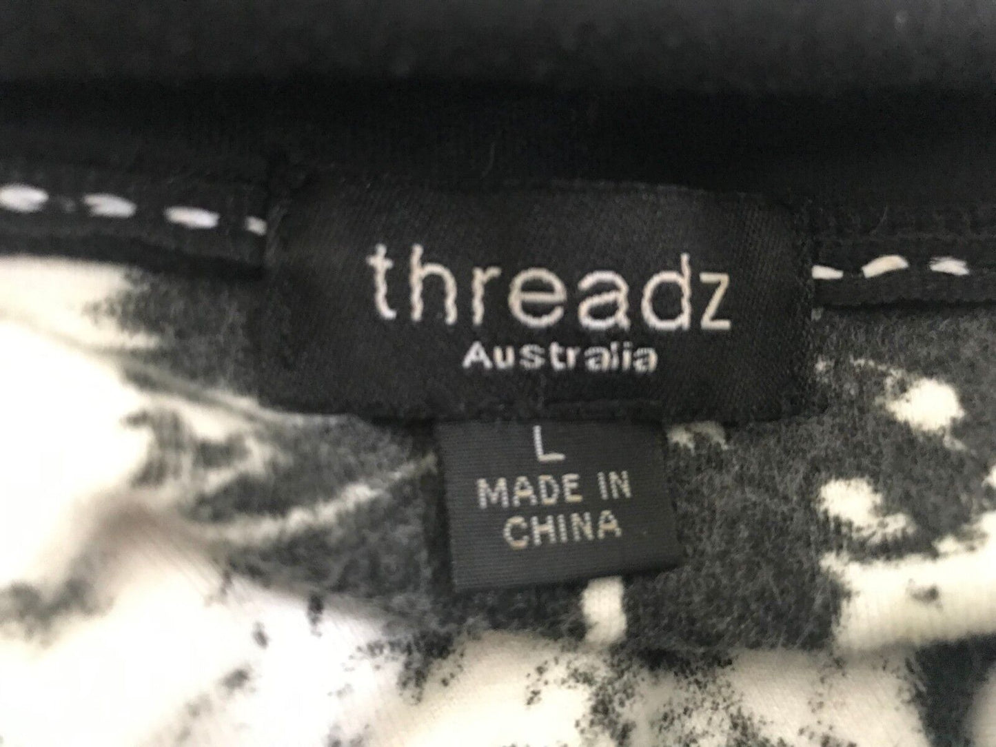 THREADZ Jacket Zip Front Casual Stretch Black w White Print Ladies Size L 14