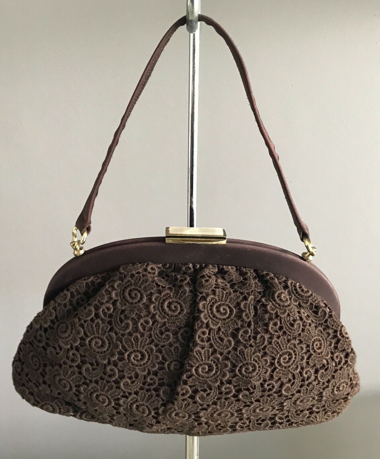 JACK EATON Bag Australian 1960's Ladies Brown Lace Frame HandBag Short Handle