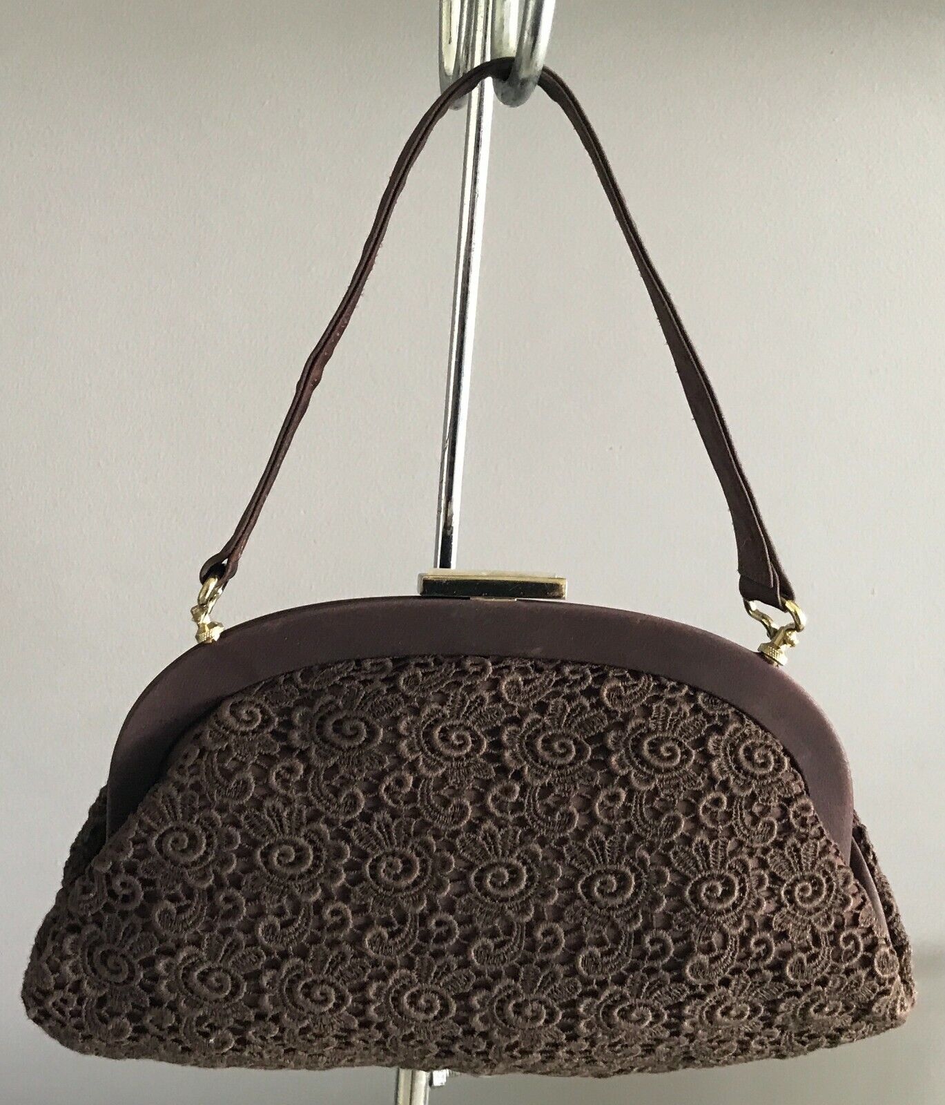 JACK EATON Bag Australian 1960's Ladies Brown Lace Frame HandBag Short Handle