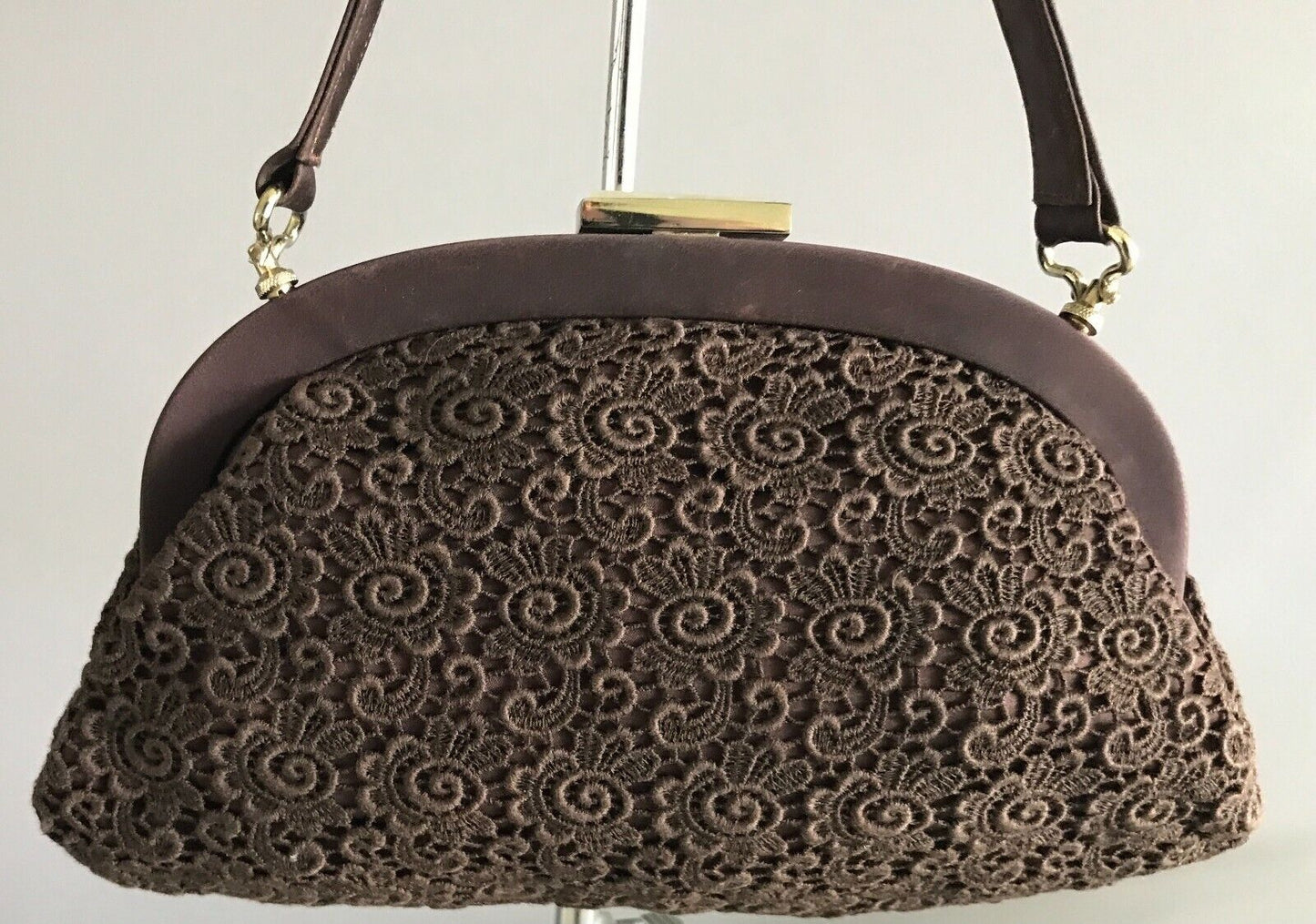 JACK EATON Bag Australian 1960's Ladies Brown Lace Frame HandBag Short Handle