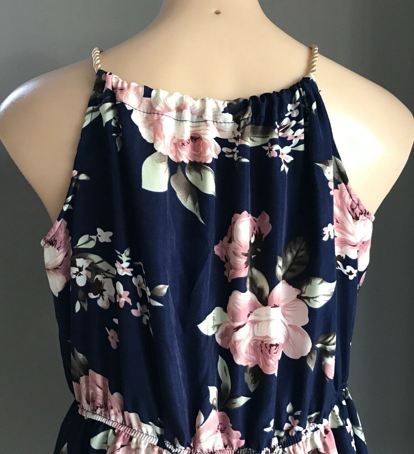 GOLD ROPE NECK TIE Dress Elastic Waist Sleeveless Blue Floral Print Size 16 NEW