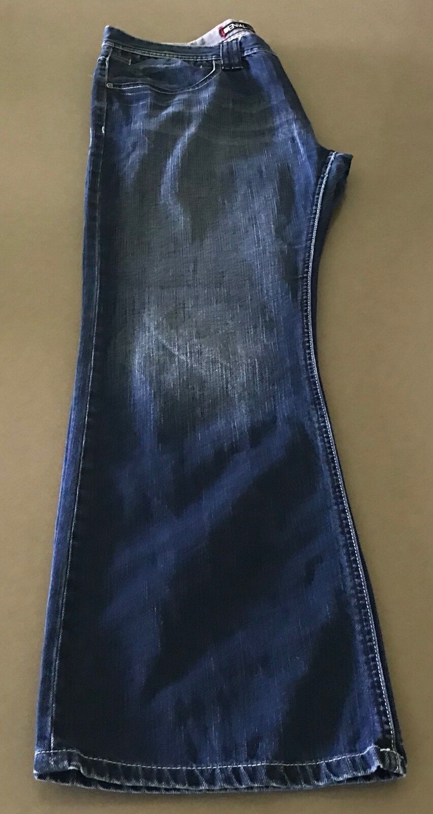 DENIAL Jeans Blue Denim Flare Leg Whiskers Ladies Size 36 Pants AU 14