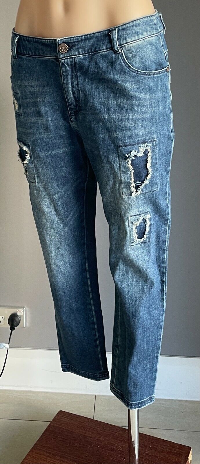 LINE SOUL Skinny Leg Jeans Blue Denim Distressed 7/8 Pants Cargo Ladies Size 10