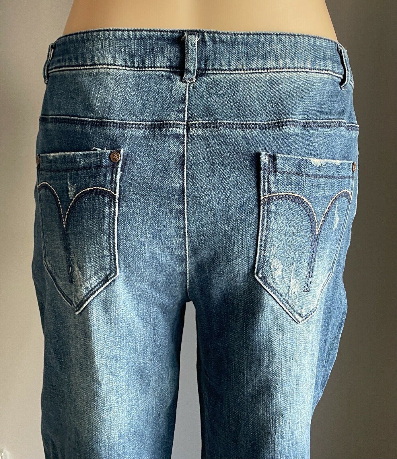 LINE SOUL Skinny Leg Jeans Blue Denim Distressed 7/8 Pants Cargo Ladies Size 10