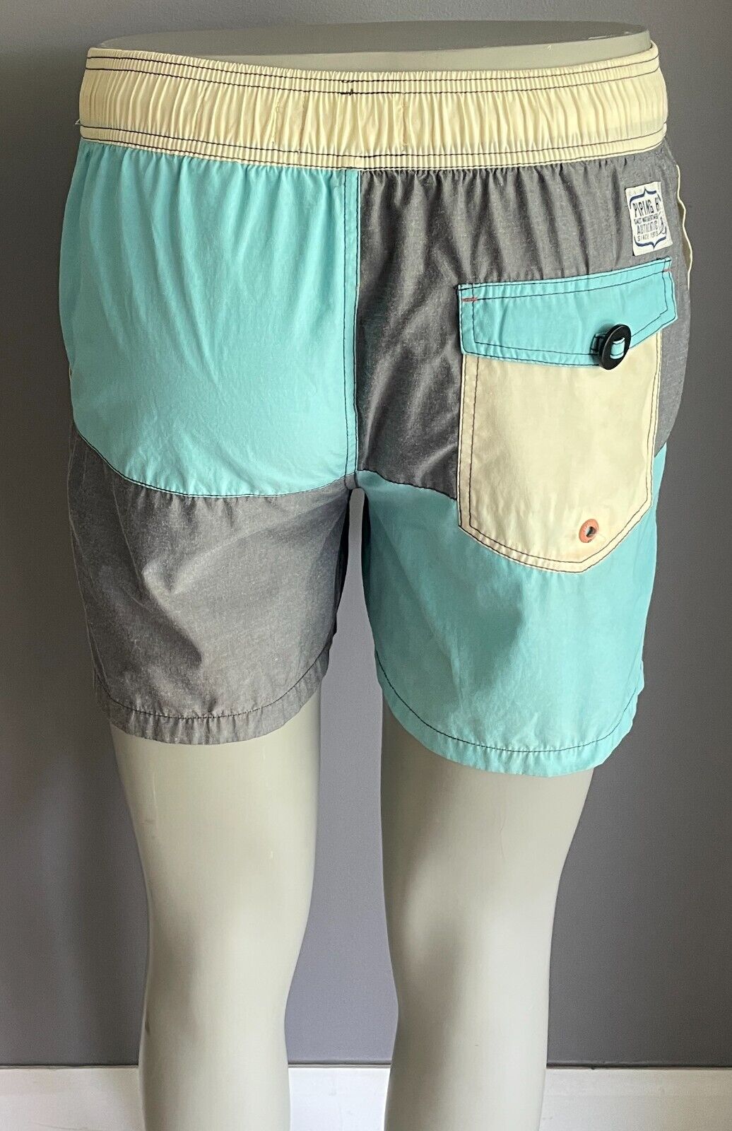 PIPING HOT Grey Blue Yellow Elastic Waist Swim Board Shorts Volley Mens Size L