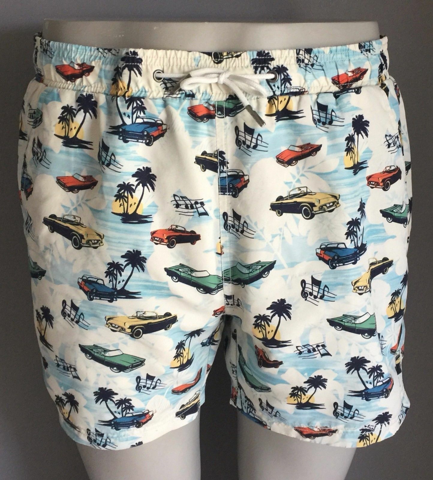 Board Shorts RIVER ISLAND Vintage Car Colourful Casual Beach Swim Mens Sz L NEW