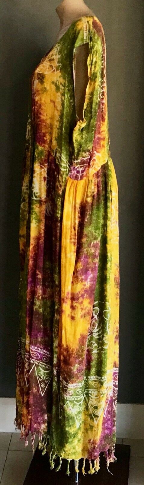 MAXI DRESS Boho Tie Dye Batik Drop Waist Fringe Hem Plus Size XL 22 24 Bright