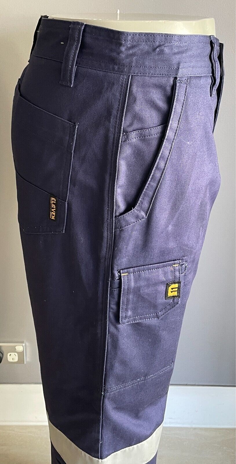 Mens ELEVEN Workwear Cotton Drill Work Taped Pant Size 92R 36 Blue Multi Pockets