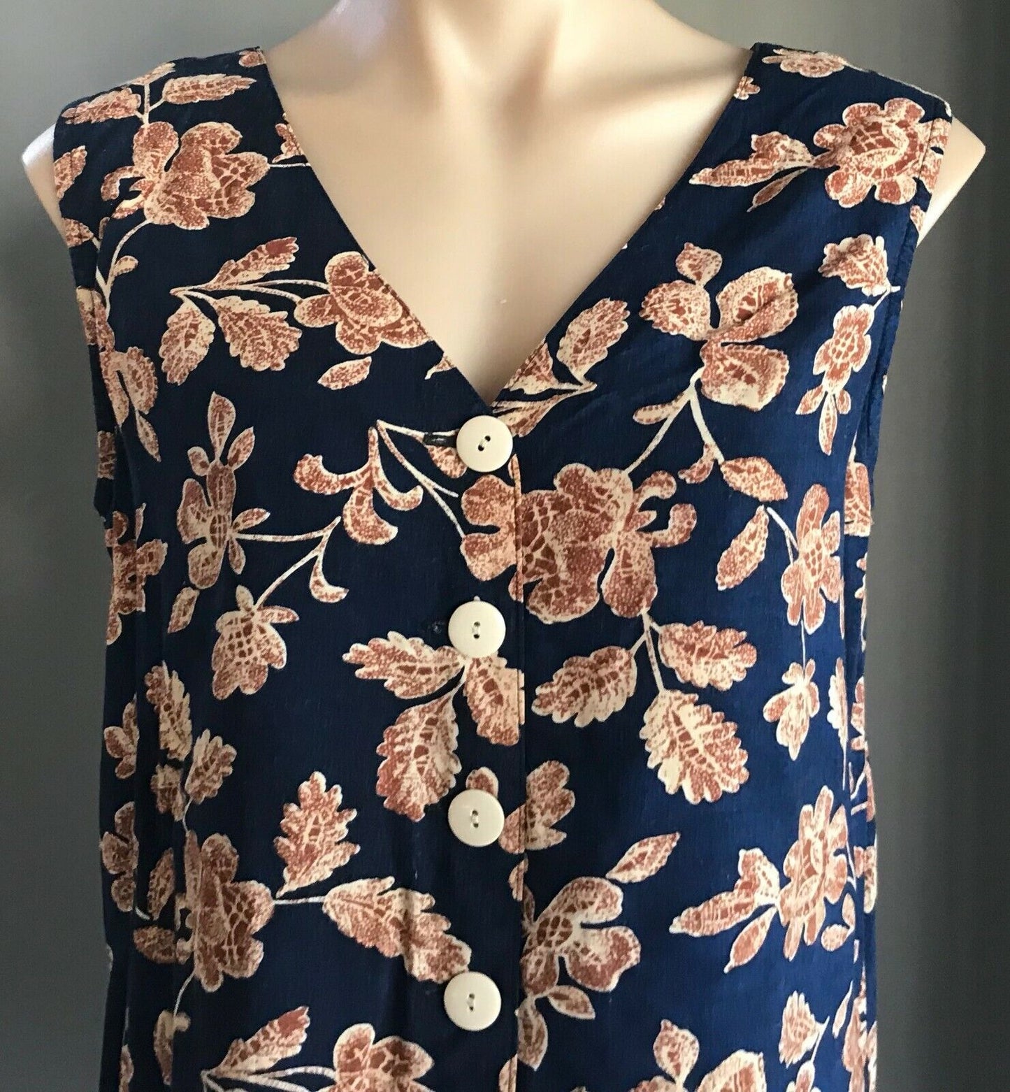 Ladies Top Button Front Blouse Navy Blue Brown Floral Sleeveless 12 14 Retro