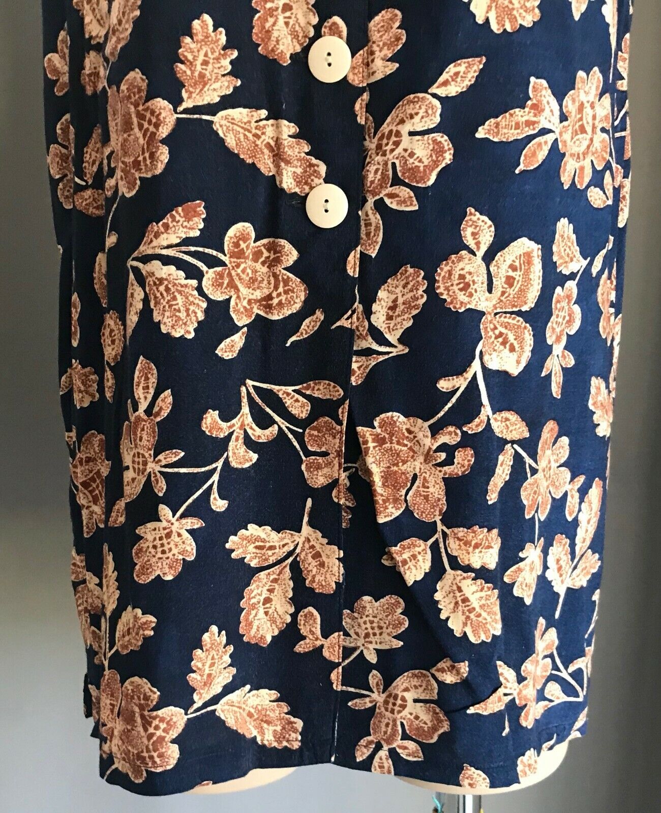Ladies Top Button Front Blouse Navy Blue Brown Floral Sleeveless 12 14 Retro