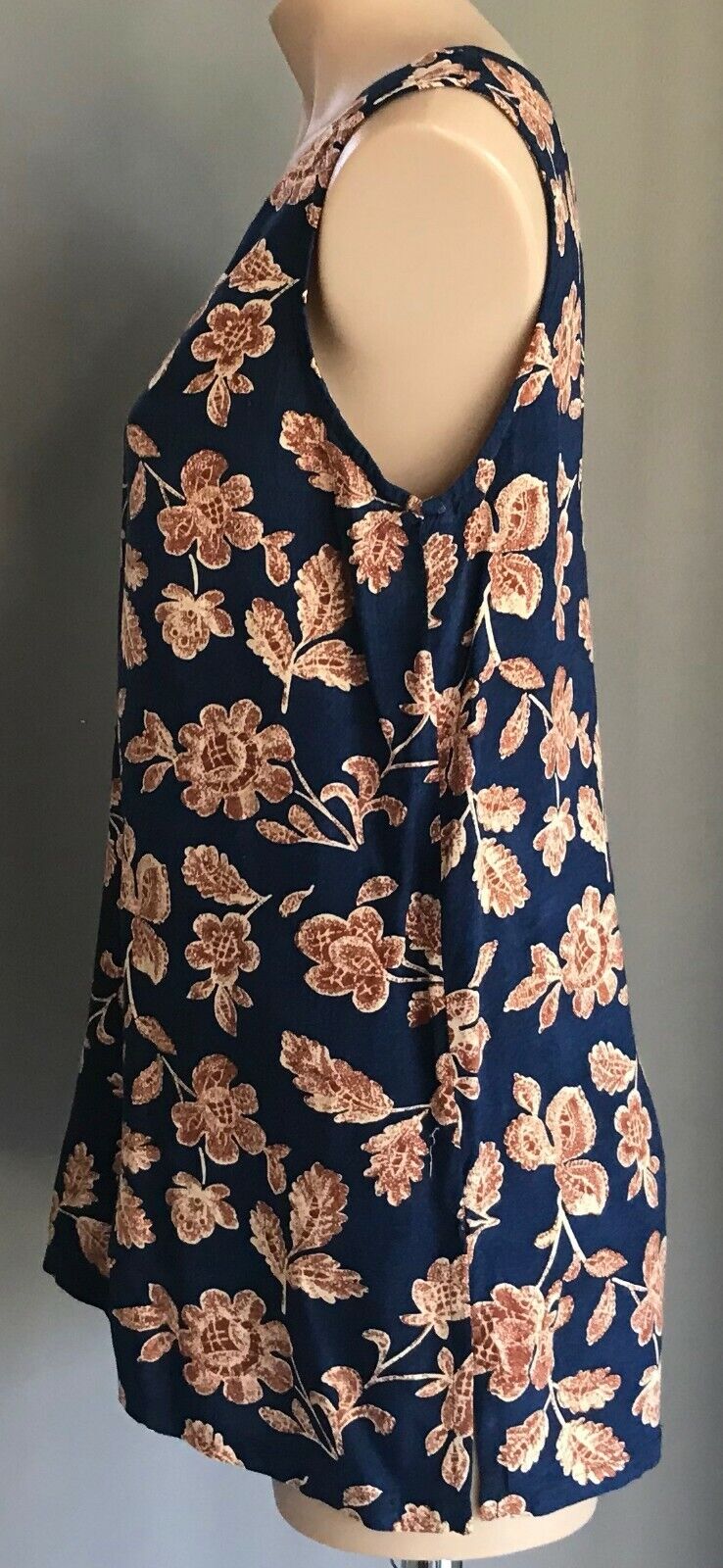 Ladies Top Button Front Blouse Navy Blue Brown Floral Sleeveless 12 14 Retro
