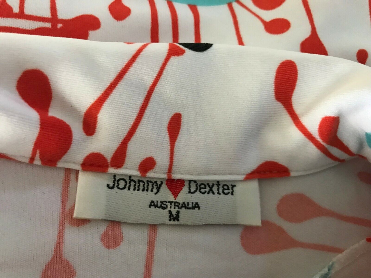 JOHNNY DEXTER White Stretch Shirt Top Orange Blue Black Splatter Print Sz 10 Vtg