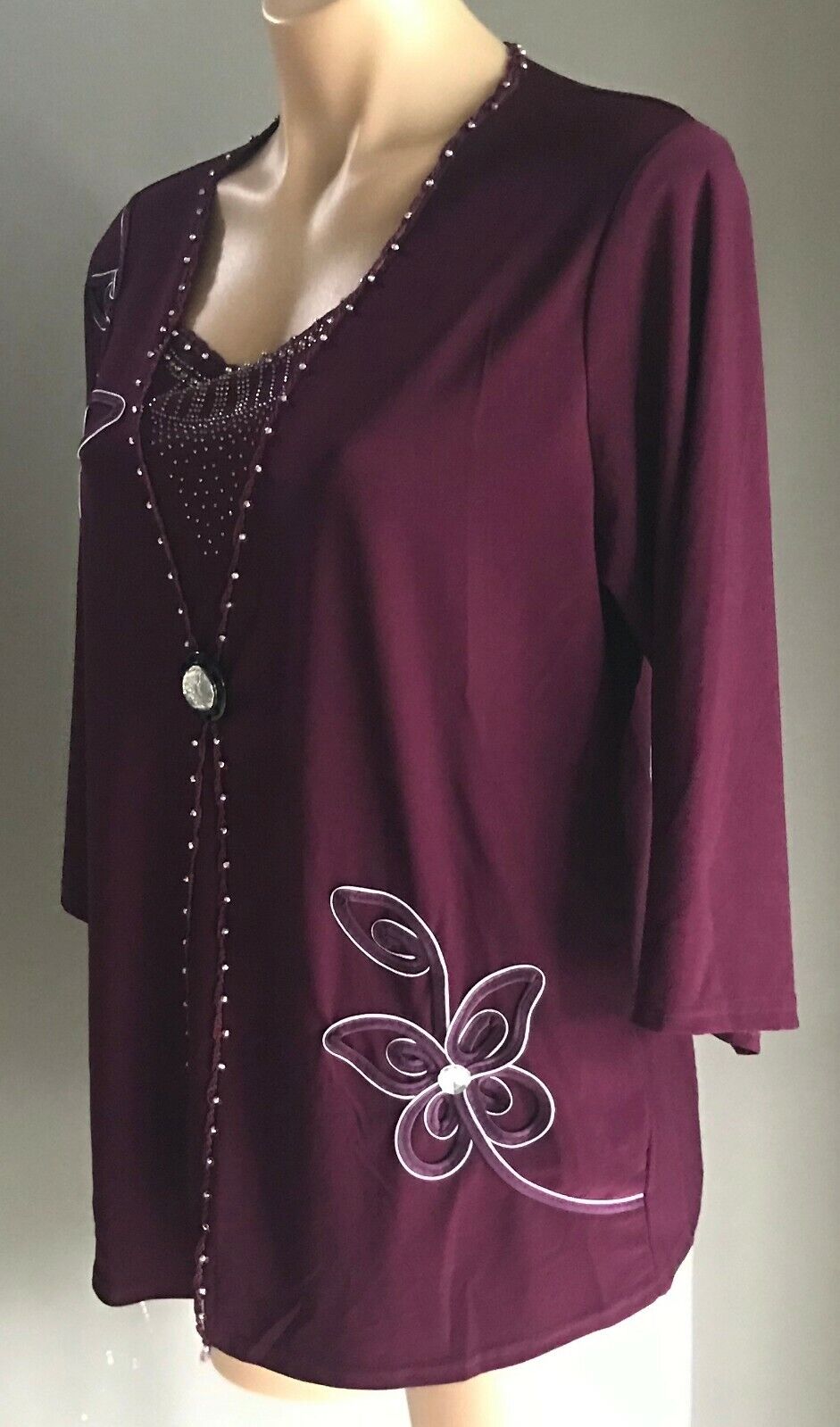 Ladies Top ELEGANT Aubergine Purple 3/4 Stretch Floral Applique Crystals Sz L 14