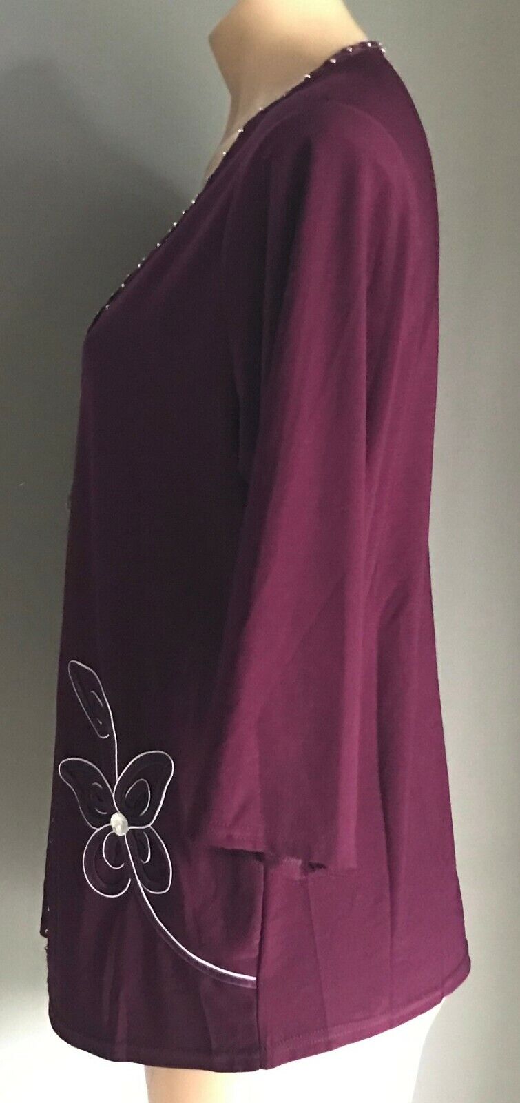 Ladies Top ELEGANT Aubergine Purple 3/4 Stretch Floral Applique Crystals Sz L 14