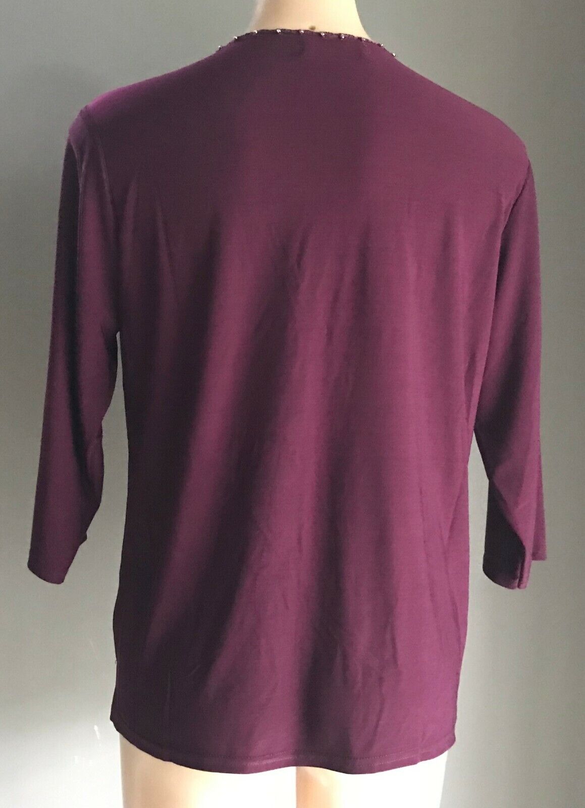 Ladies Top ELEGANT Aubergine Purple 3/4 Stretch Floral Applique Crystals Sz L 14