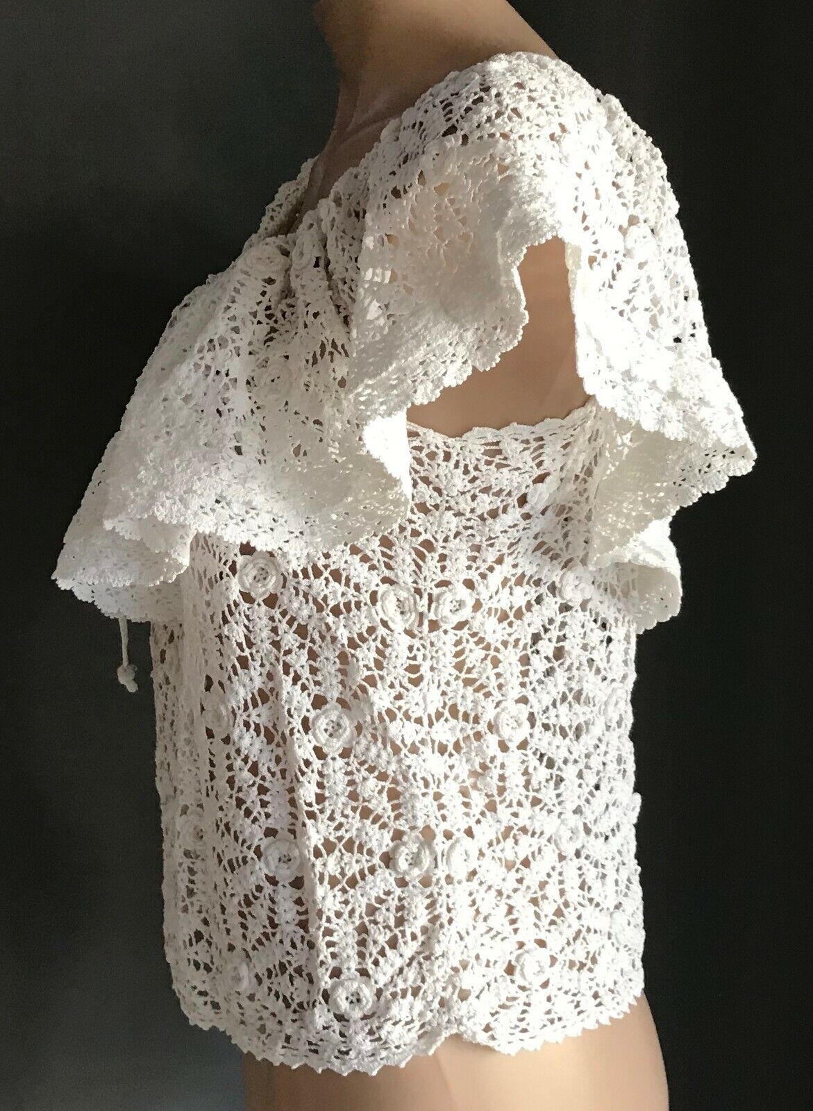 Boho Crochet Top Stunning & Unique Handmade w Tie Ruffle Neck Ladies Size 10-12