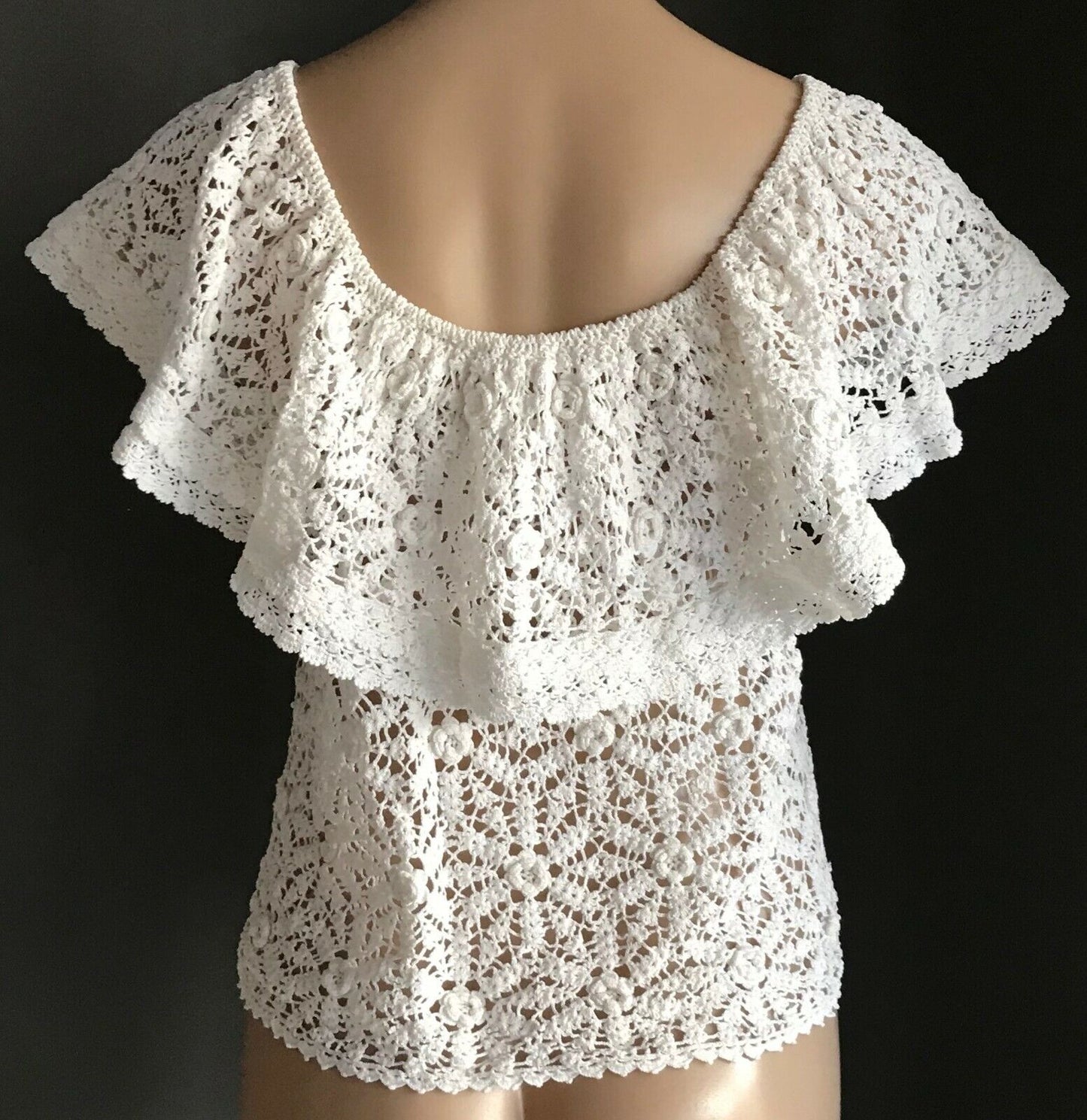 Boho Crochet Top Stunning & Unique Handmade w Tie Ruffle Neck Ladies Size 10-12