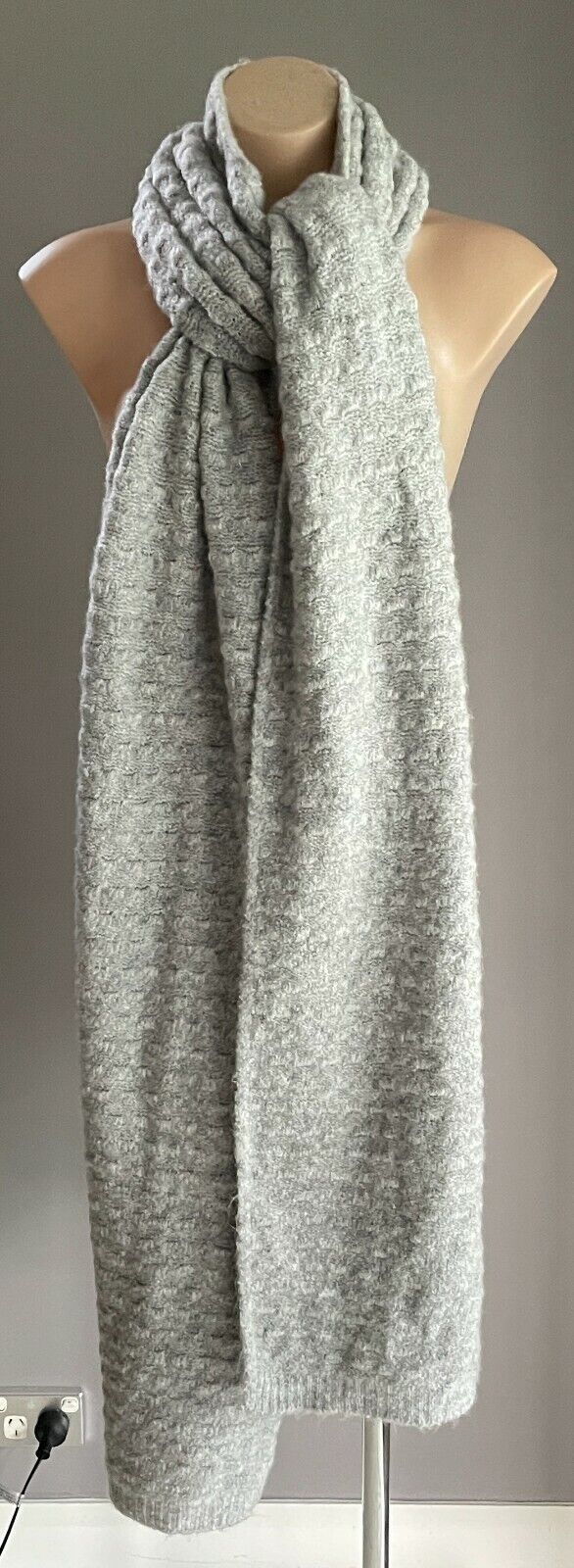 SCARF Ladies Wool Knit Large Grey Decorative Stitch Wrap - Super Warm & Cosy