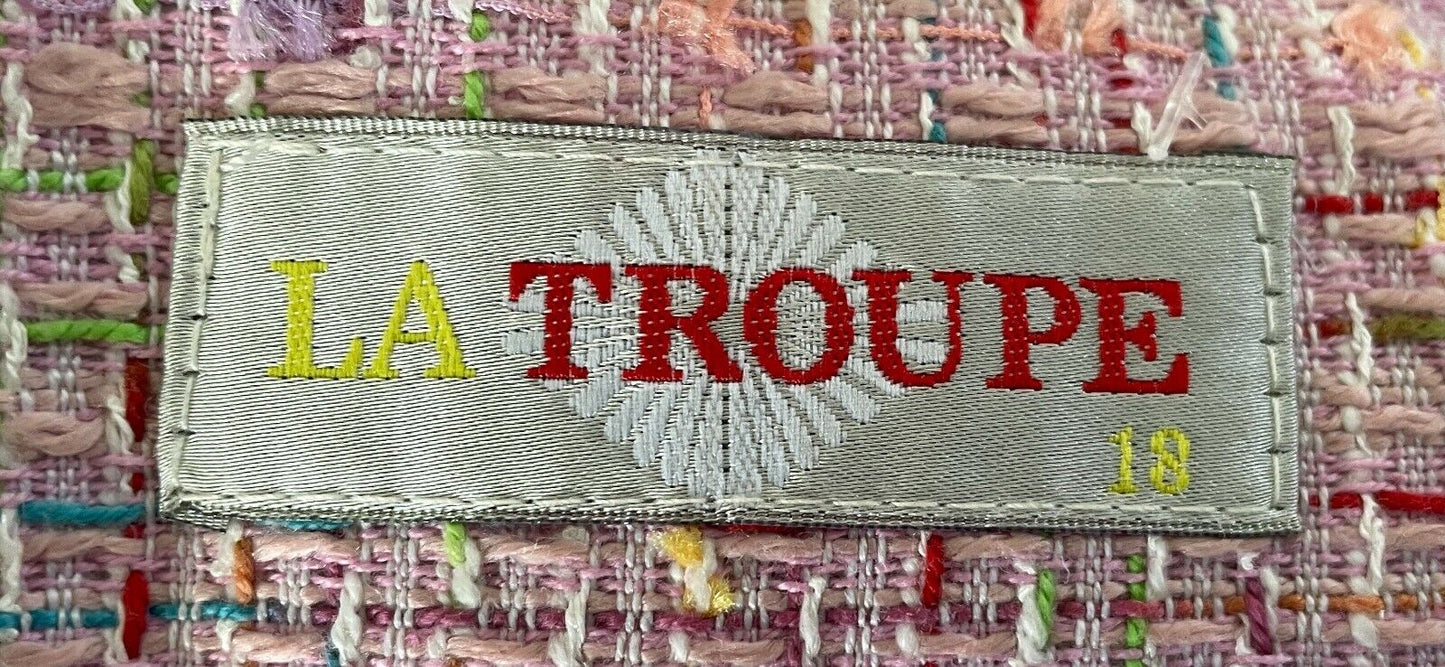 LA TROUPE Zip Front Jacket Pink Tweed Collarless Long Sleeve Size 18 NOS Vintage