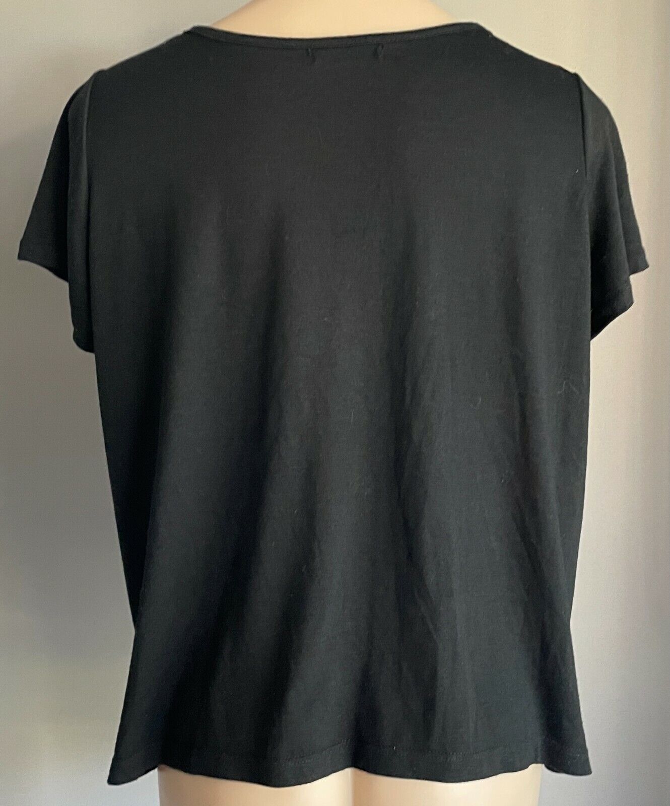 HOURGLASS Black Short Sleeve T-Shirt w Orange & Navy Print Top Ladies Sz M 12 14